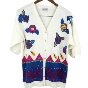 VTG Summit Place Knitted White & Colourful Floral Geometric Button Up Cardigan